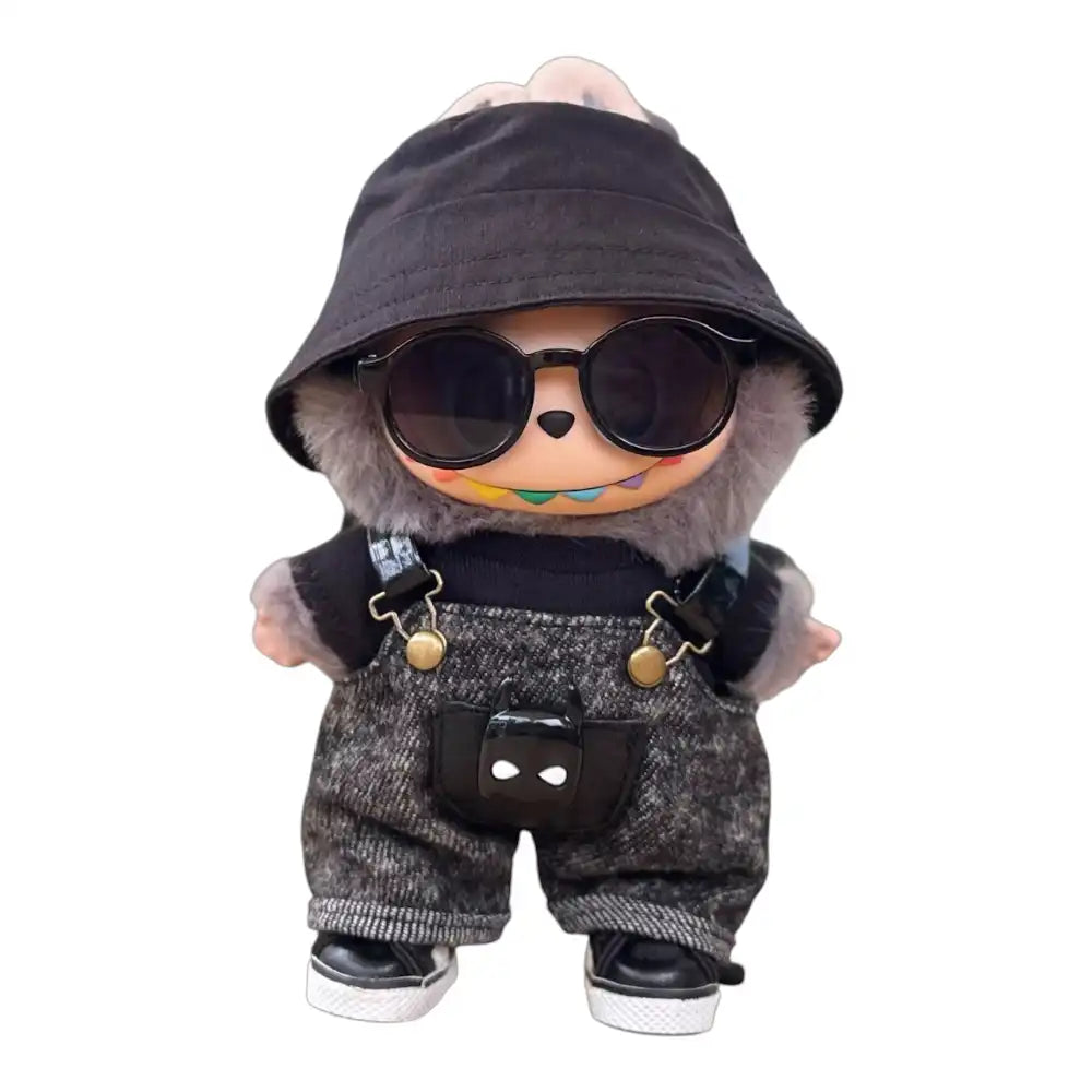 Labubu plush toy wearing a full 5-item Black Denim Overalls Outfit, including a top, black denim overalls, hat, sunglasses, and shoes.