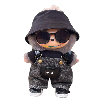 Labubu plush toy wearing a full 5-item Black Denim Overalls Outfit, including a top, black denim overalls, hat, sunglasses, and shoes.