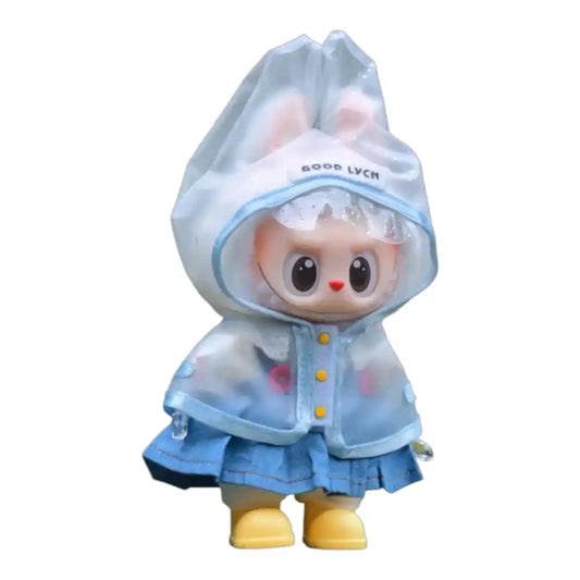 Labubu plush toy wearing a full 3-item Raincoat Outfit, including a transparent raincoat, rain boots, and a skirt.