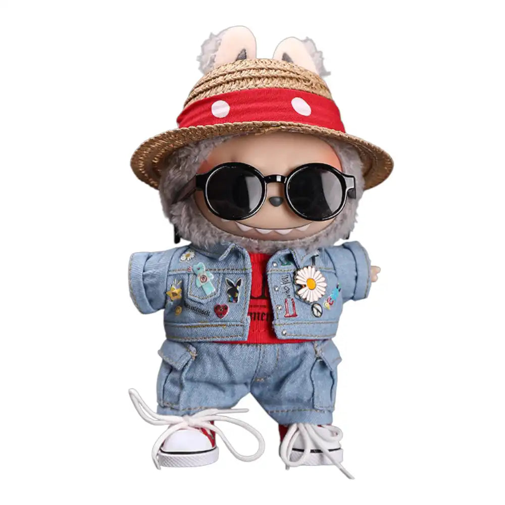 Labubu plush toy wearing a full 6-item GD Denim Style Outfit, including a top, denim pants, denim jacket, hat, sunglasses, and shoes.