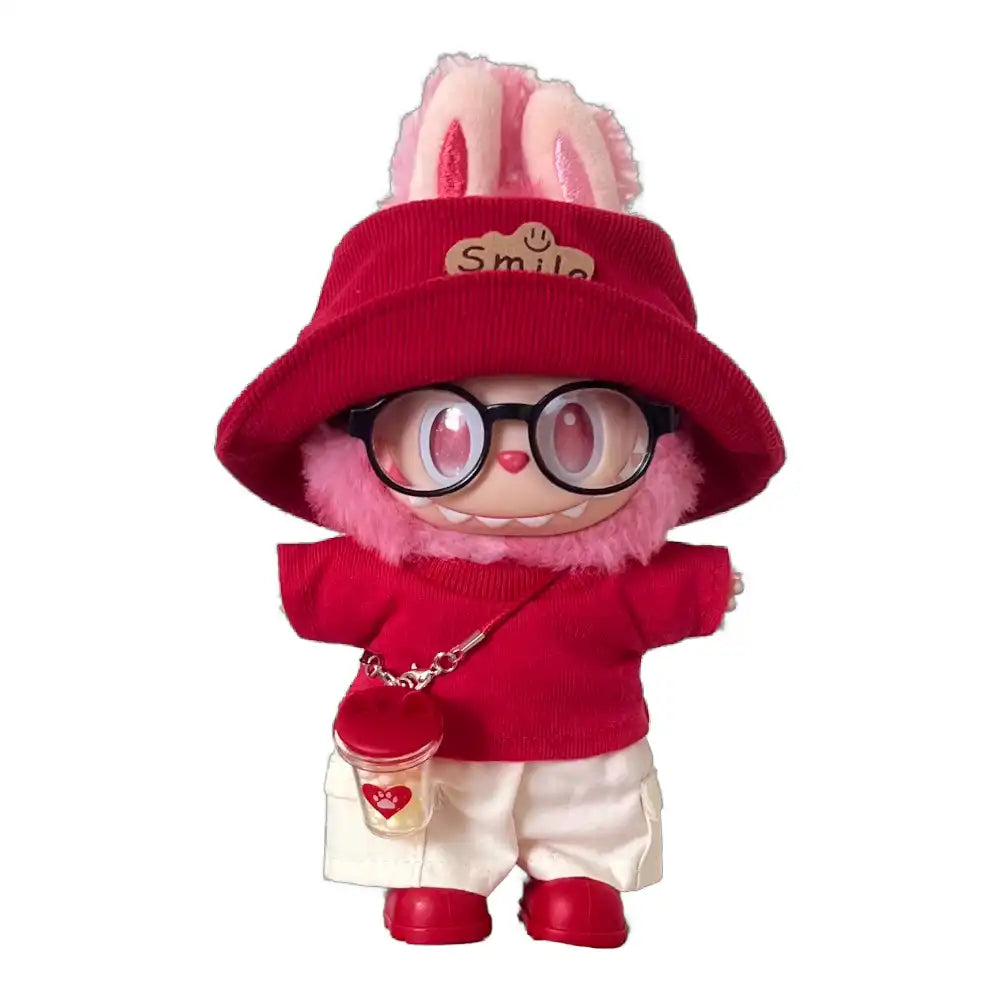 Labubu plush toy wearing a full 6-item Red Sweater & Bucket Hat Outfit, including a bucket hat, red sweater, pants, shoes, glasses, and a miniature water cup.