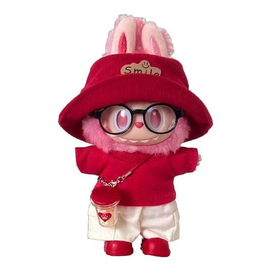 Labubu plush toy wearing a full 6-item Red Sweater & Bucket Hat Outfit, including a bucket hat, red sweater, pants, shoes, glasses, and a miniature water cup.