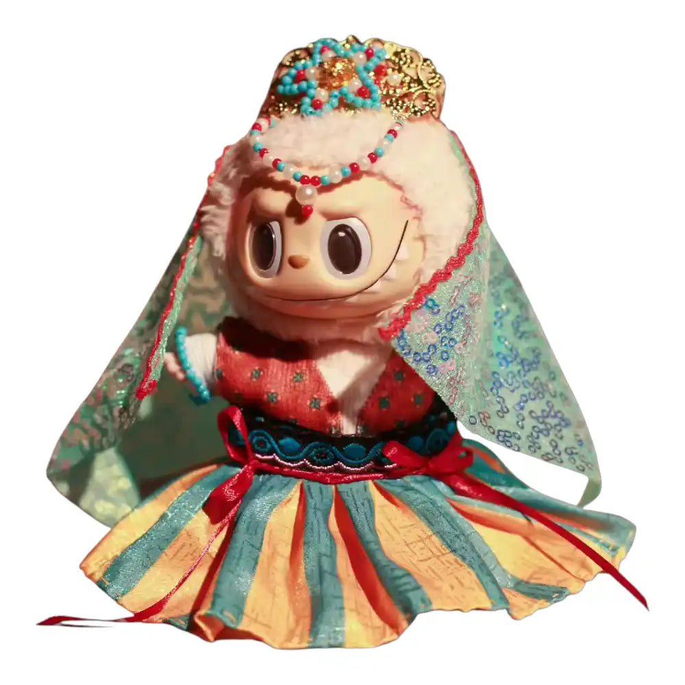 Labubu plush toy wearing a complete Ancient Dunhuang Style Hanfu Outfit, featuring traditional Chinese historical fashion.