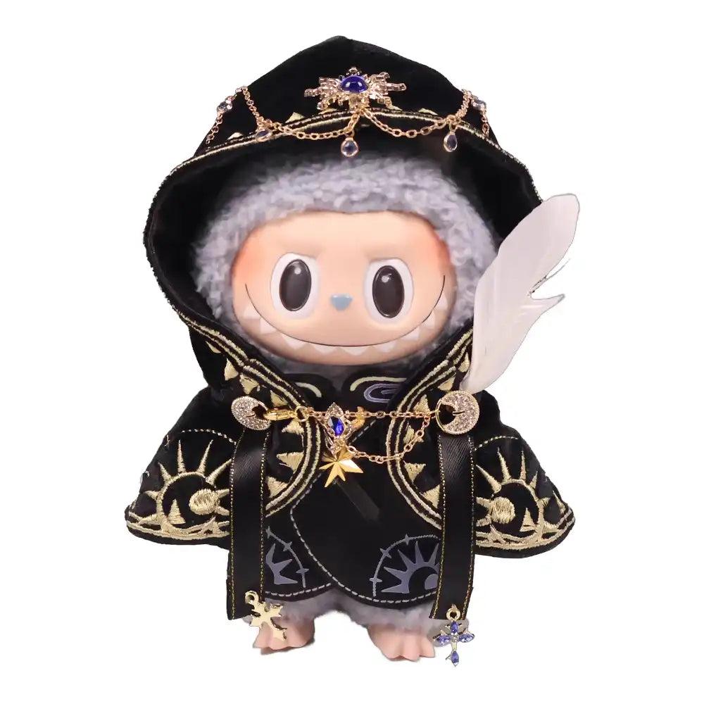 Labubu plush toy wearing a full 3-item Ancient Temple Sacrifice Cloak Outfit, including a cloak, belt, and robe, available in White, Black, or Purple.