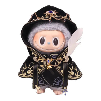Labubu plush toy wearing a full 3-item Ancient Temple Sacrifice Cloak Outfit, including a cloak, belt, and robe, available in White, Black, or Purple.