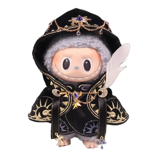 Labubu plush toy wearing a full 3-item Ancient Temple Sacrifice Cloak Outfit, including a cloak, belt, and robe, available in White, Black, or Purple.