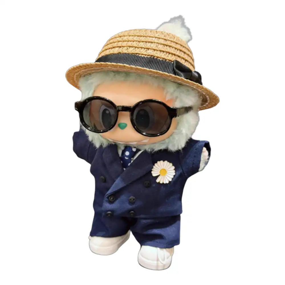 Labubu plush toy wearing a full 7-item GD Style Suit Outfit, including a suit jacket, shirt, pants, sunglasses, straw hat, tie, and dress shoes.