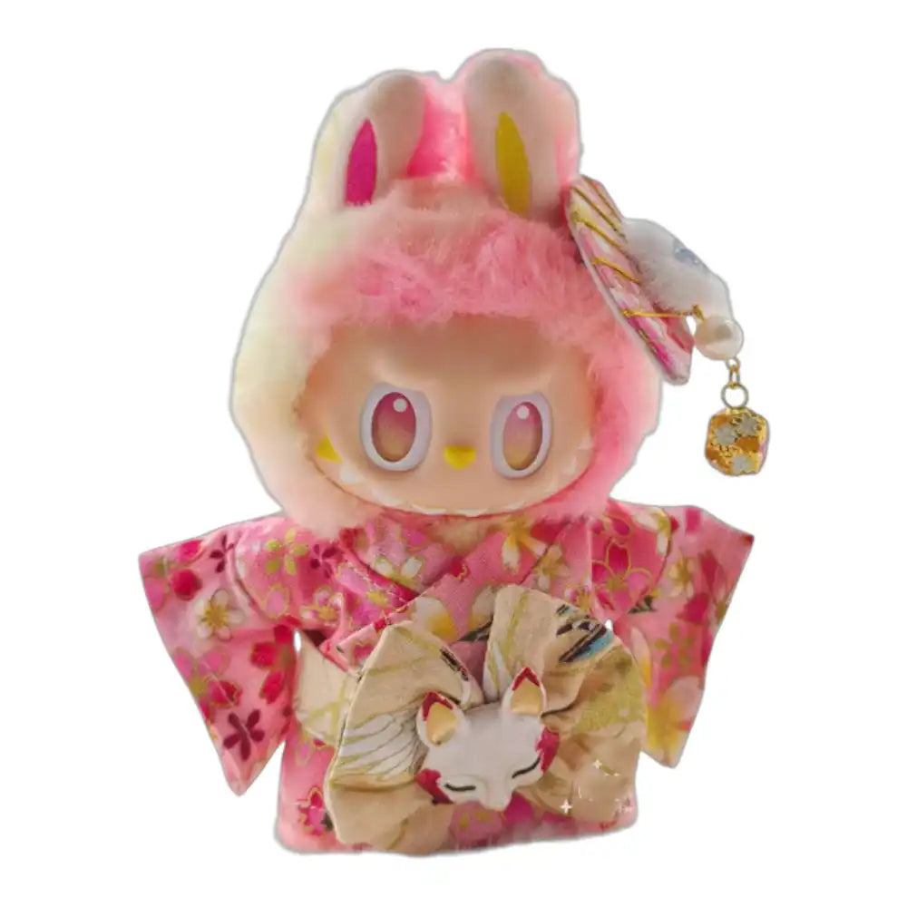 Labubu plush toy wearing a Japanese Wafuku Outfit (Kimono/Yukata) with a hair accessory, available in Pink or White/Blue color schemes.