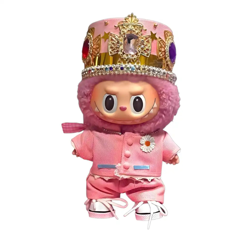Labubu plush toy wearing a full 6-item GD Style Pink Crown Outfit, including a pink crown/hat, top, pants, shoes, glasses, and a small bag.