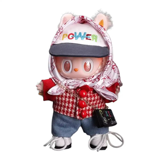 Labubu plush toy wearing a full 6-item GD Style Headscarf with Red Knitwear Outfit, including a hat, red knitwear top, pants, shoes, scarf, and a small bag.
