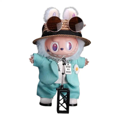 Labubu plush toy wearing a full 7-item GD Style Lake Blue Suit Outfit, including a straw hat, sunglasses, shoes, top, lake blue suit jacket, pants, and a necklace.