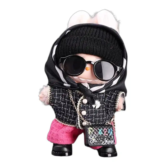 Labubu plush toy wearing a full 7-item GD Style Headscarf with Beanie & Black Jacket Outfit, including beanie, sunglasses, shoes, black jacket, pants, scarf, and a small bag.