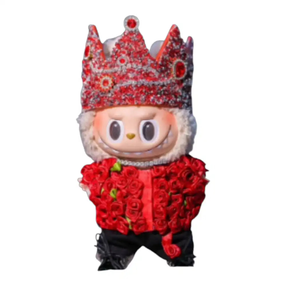 Labubu plush toy wearing a full 6-item GD Style Rose Jacket Outfit, including a hat, top, pants, shoes, scarf, and necklace.