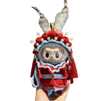 Labubu plush toy wearing a complete Cantonese Opera-style outfit, featuring intricate details and traditional elements, available in Red or Pink.