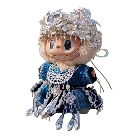 Labubu plush toy wearing a complete Hmong Attire Style Outfit, showcasing traditional garments with vibrant colors, embroidery, and silver accents.