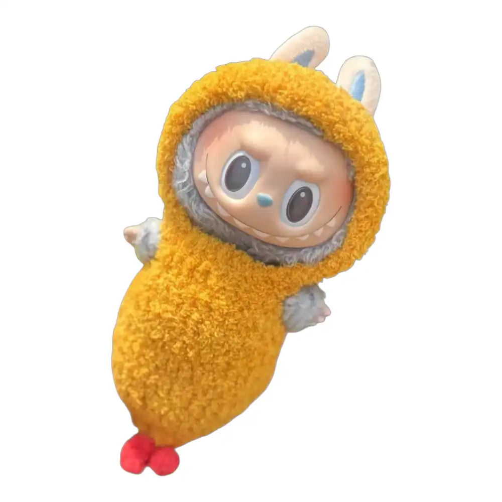 Labubu plush toy wearing a complete fried shrimp-themed outfit, designed to be both humorous and adorable with a tail and breaded texture.