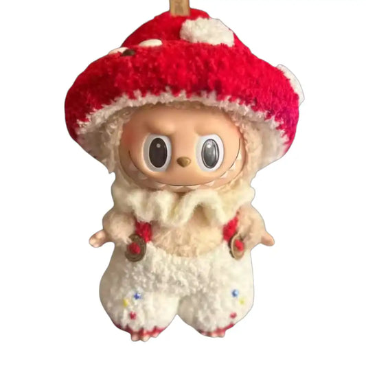Labubu plush toy wearing a complete mushroom-themed outfit, featuring a charming cap and a body designed to resemble a whimsical mushroom.