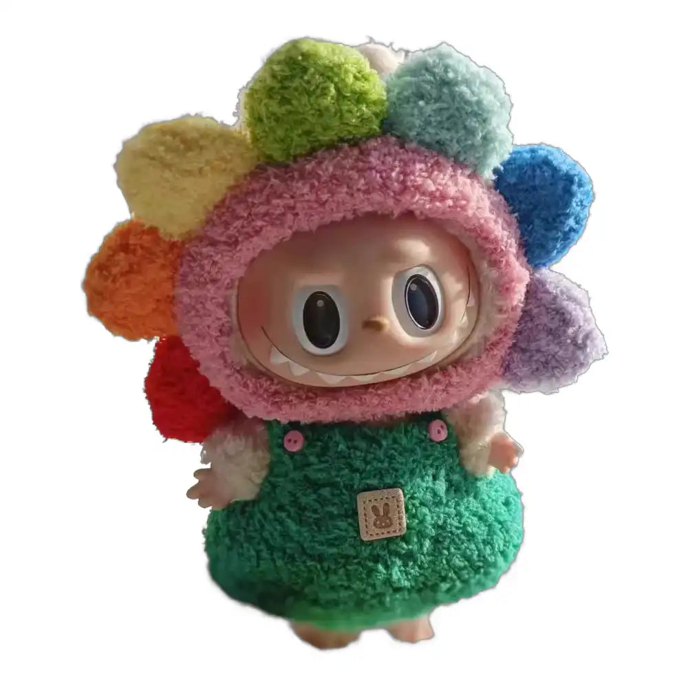 Labubu plush toy wearing a complete sunflower-themed outfit, bursting with vibrant rainbow colors for a cheerful and joyful look.