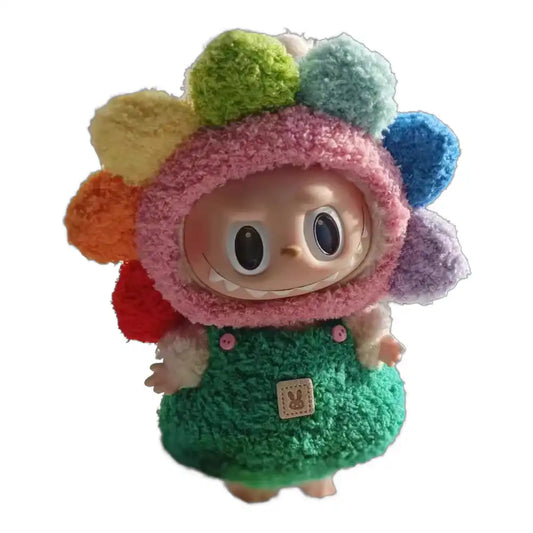 Labubu plush toy wearing a complete sunflower-themed outfit, bursting with vibrant rainbow colors for a cheerful and joyful look.
