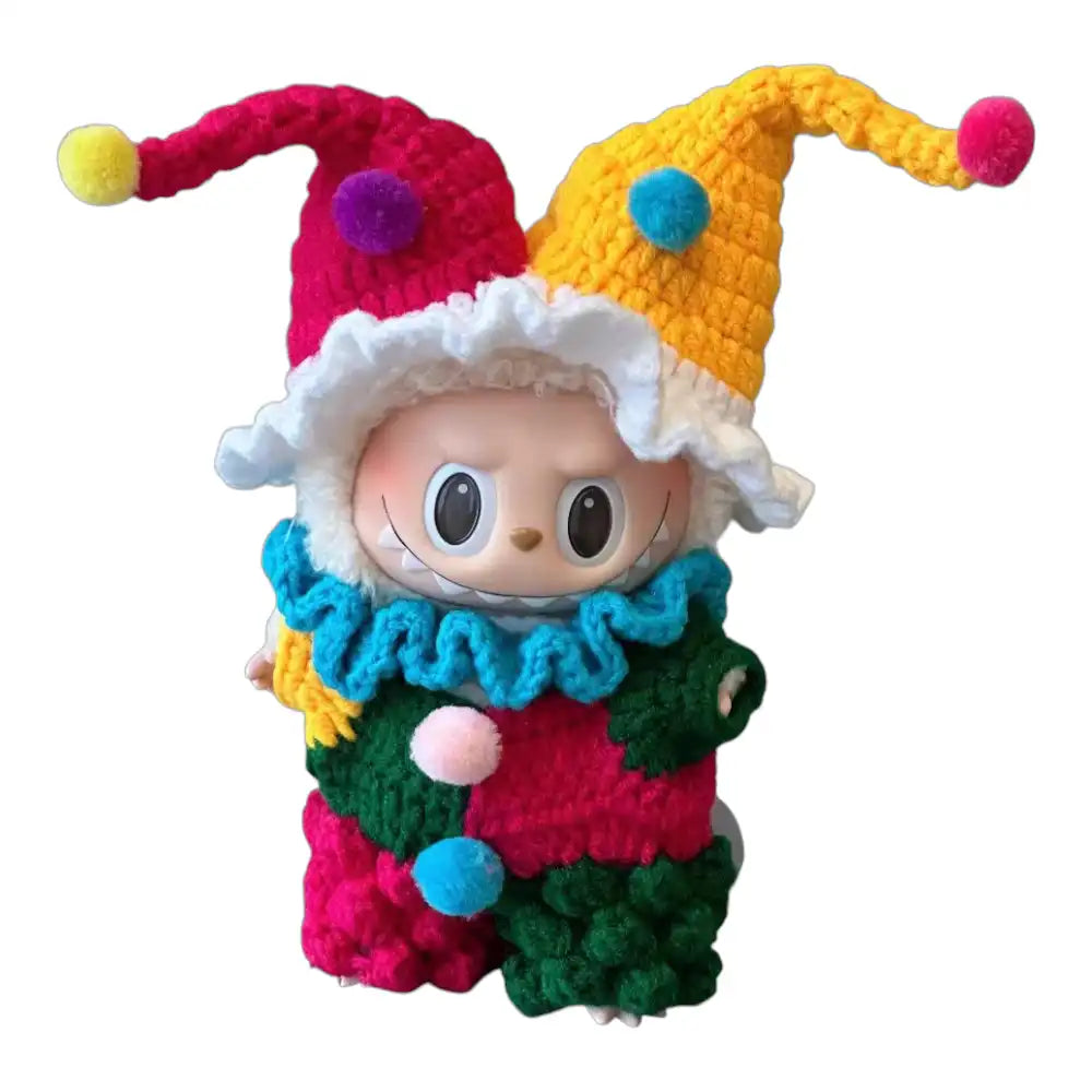 Labubu plush toy wearing a complete clown outfit, featuring luxurious red velvet and dark green accents for a unique and memorable appearance.