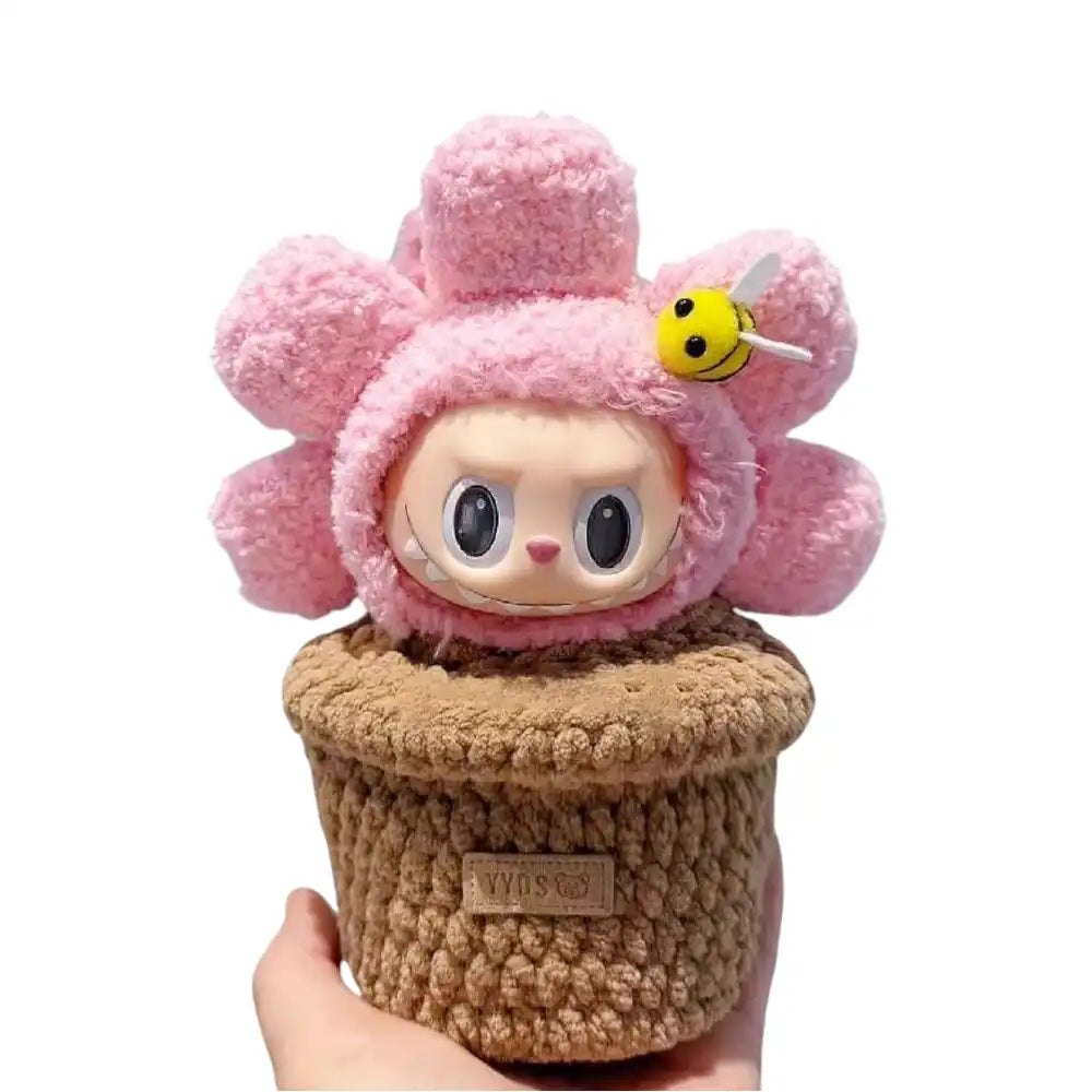 Labubu plush toy wearing a complete potted plant-themed outfit, available in Pink Flower Pot, Yellow Flower Pot, Red Flower Pot, or Cactus Pot options.