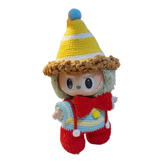 Labubu plush toy wearing a complete clown-themed outfit, prominently featuring classic red overalls and other clown-inspired elements.
