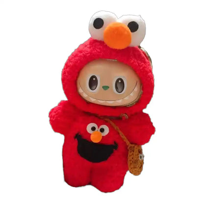 Labubu plush toy wearing a complete Sesame Street-themed outfit, available as the cheerful red Elmo or the cookie-obsessed blue Cookie Monster.
