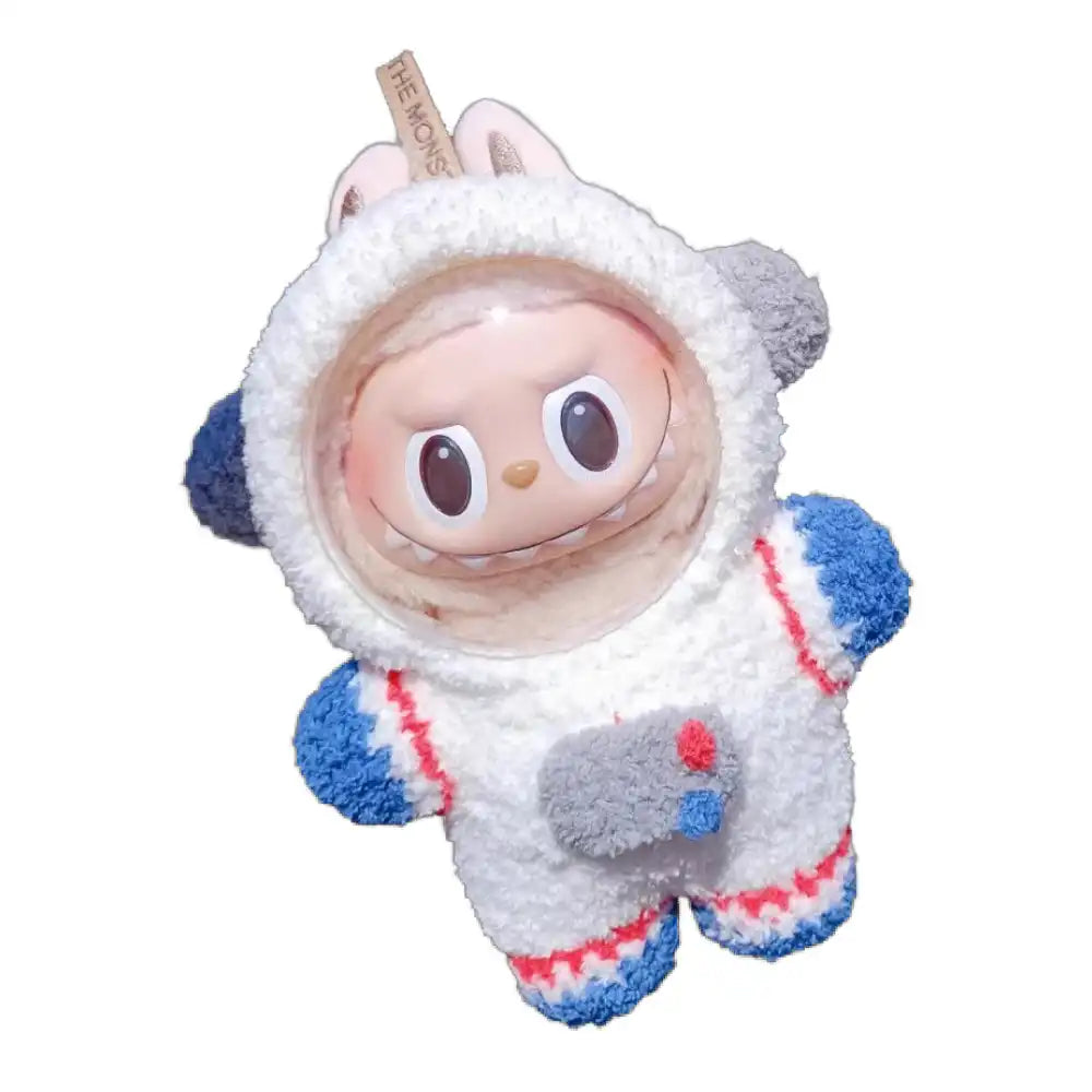 Labubu plush toy wearing a complete astronaut-themed outfit, featuring a detailed space suit design for a full and futuristic look.
