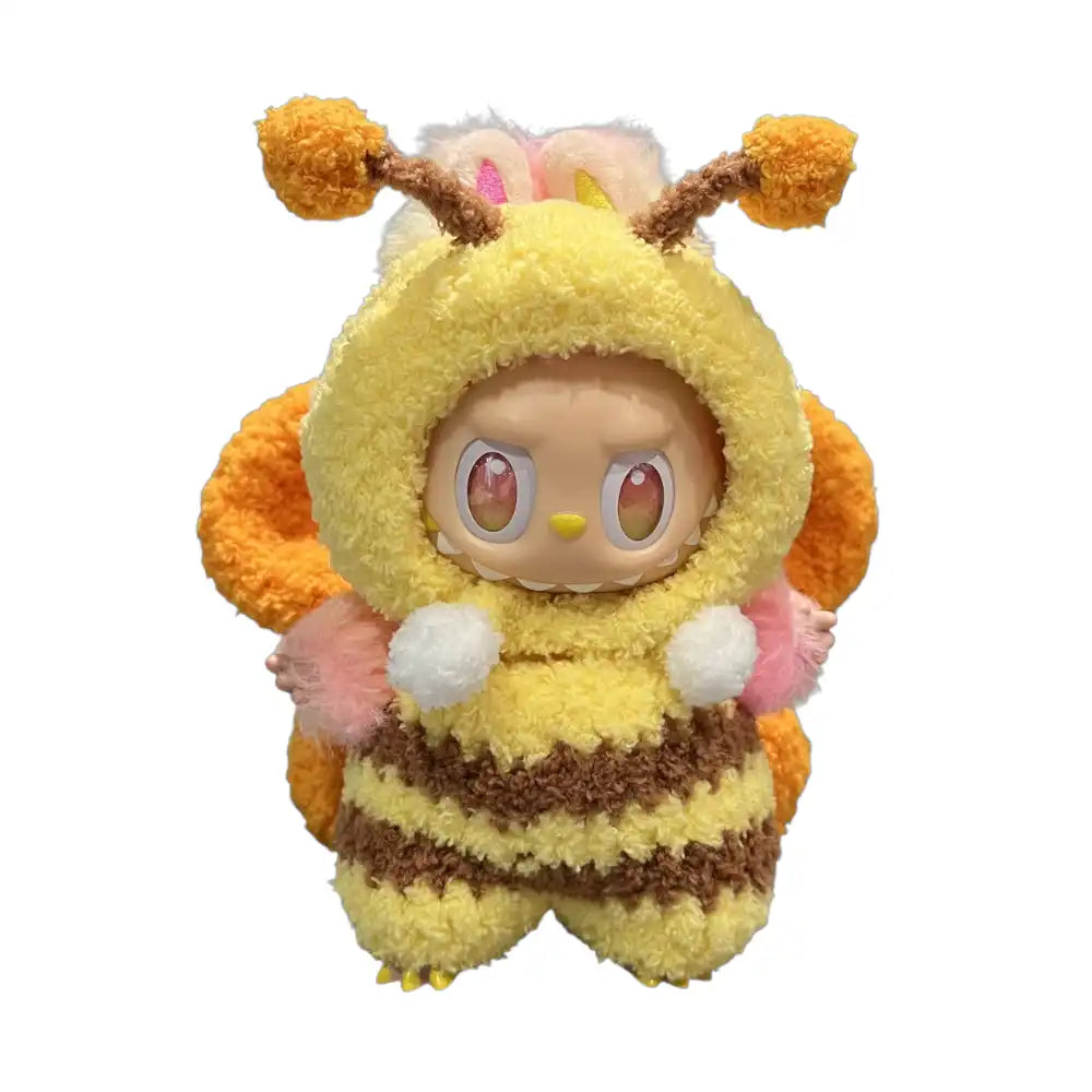 Labubu plush toy wearing a complete bee-themed outfit, designed to transform it into an adorable little bee with stripes and wings.