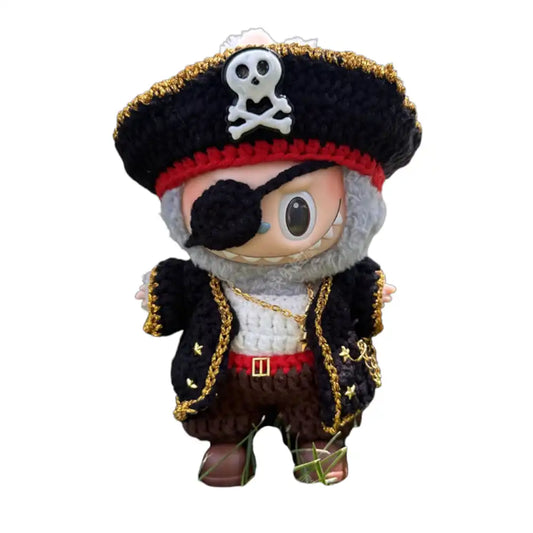 Labubu plush toy wearing a complete pirate-themed outfit, designed for high-seas adventures with classic pirate attire.