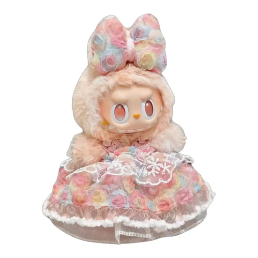 Labubu plush toy wearing a complete Orange Wedding Dress with an Orange Head Bow, designed for a special occasion.