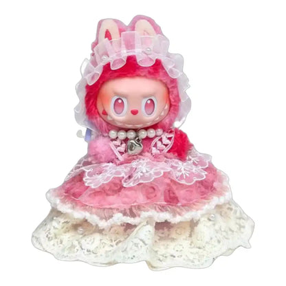Labubu plush toy wearing a full wedding dress outfit set, including a wedding dress, lace skirt layer, headdress, and necklace, available in red, purple, blue, or orange.