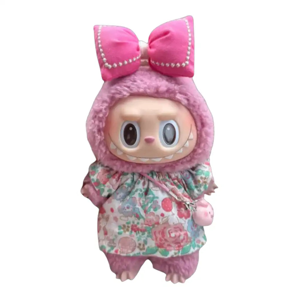 Labubu plush toy wearing a complete summer dress outfit, including a dress, bow, and small bag, available in 12 different patterns like Yellow Polka Dot, Pink Floral, and Pineapple Print.