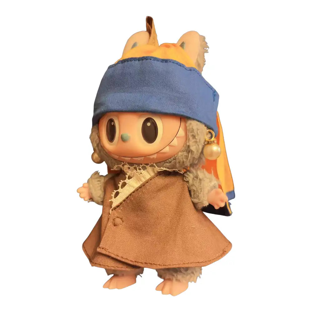 Labubu plush toy wearing a complete outfit inspired by 'Girl with a Pearl Earring', featuring a draped head covering and a pearl earring.
