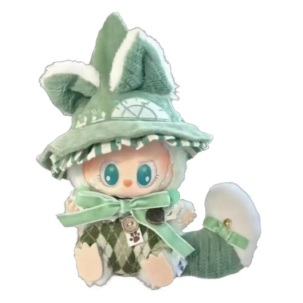 Labubu plush toy wearing a complete magician fox-themed outfit, designed for a cunning and mystical appearance, available in black or green.