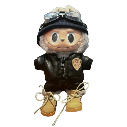 Labubu plush toy wearing a complete 5-item motorcycle rider style outfit, including a leather jacket, leather pants, headband, glasses, and Martens boots.