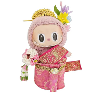 Labubu plush toy wearing a complete traditional Thai clothing outfit with a decorative hairpin, available in Gold, Pink, Rose Red, Red, Blue, or Green.