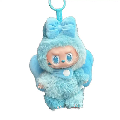 Labubu plush toy wearing a complete butterfly-themed outfit with wings, designed to transform it into a beautiful butterfly, available in pink, rose red, purple, or light blue.