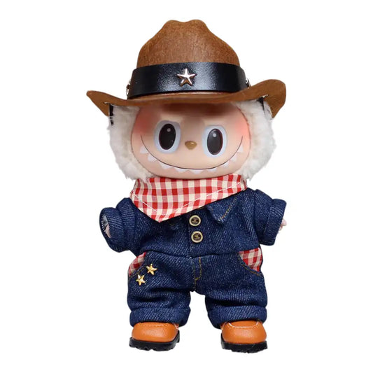 Labubu plush toy wearing a complete 4-item cowboy outfit, including a top, pants, hat, and shoes, for a rugged and charming look.