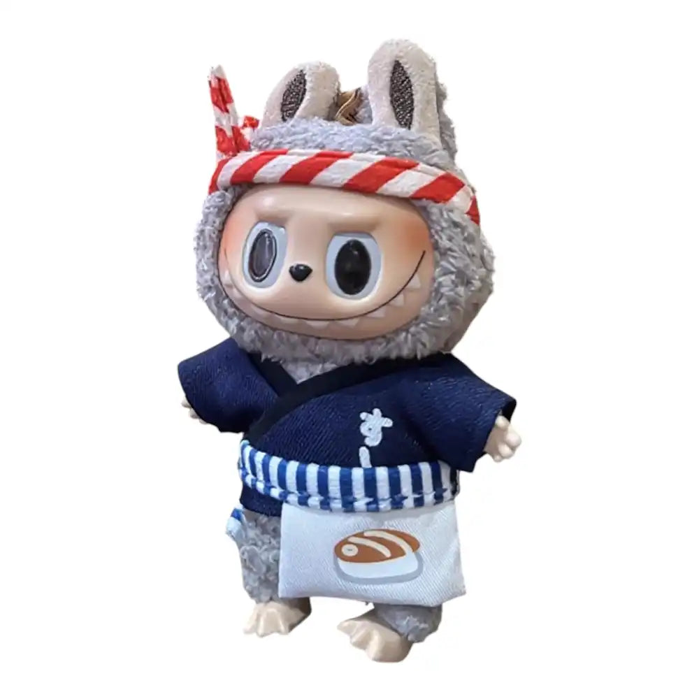 Labubu plush toy wearing a complete 3-piece Japanese Sushi Chef outfit, including a headband, top, and apron, for an authentic look.