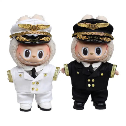Labubu plush toy wearing a complete pilot uniform outfit, including cap, shirt, tie, jacket, pants, and shoes, available in black or white.