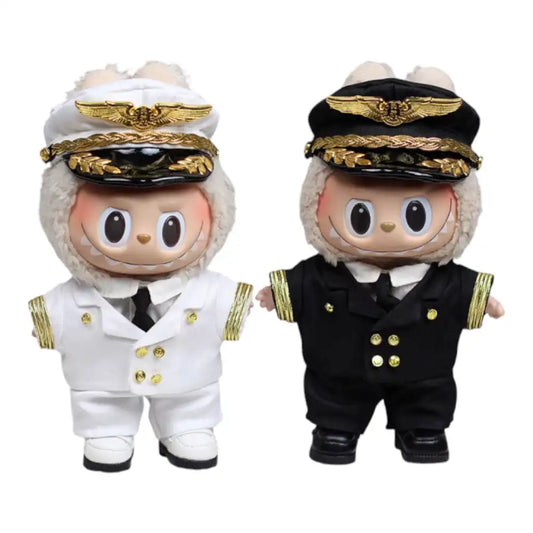 Labubu plush toy wearing a complete pilot uniform outfit, including cap, shirt, tie, jacket, pants, and shoes, available in black or white.