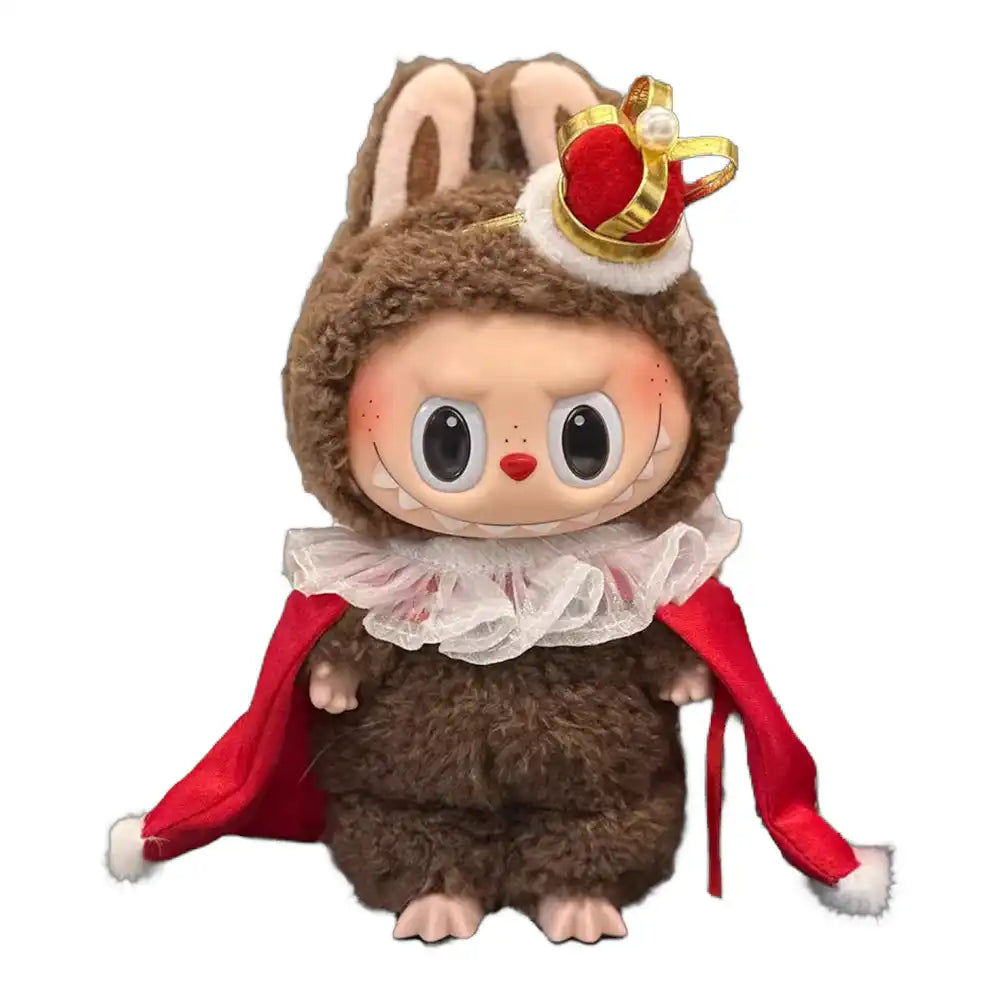 Labubu plush toy wearing a complete King outfit, including a cape, crown, and collar, for a regal and majestic appearance.