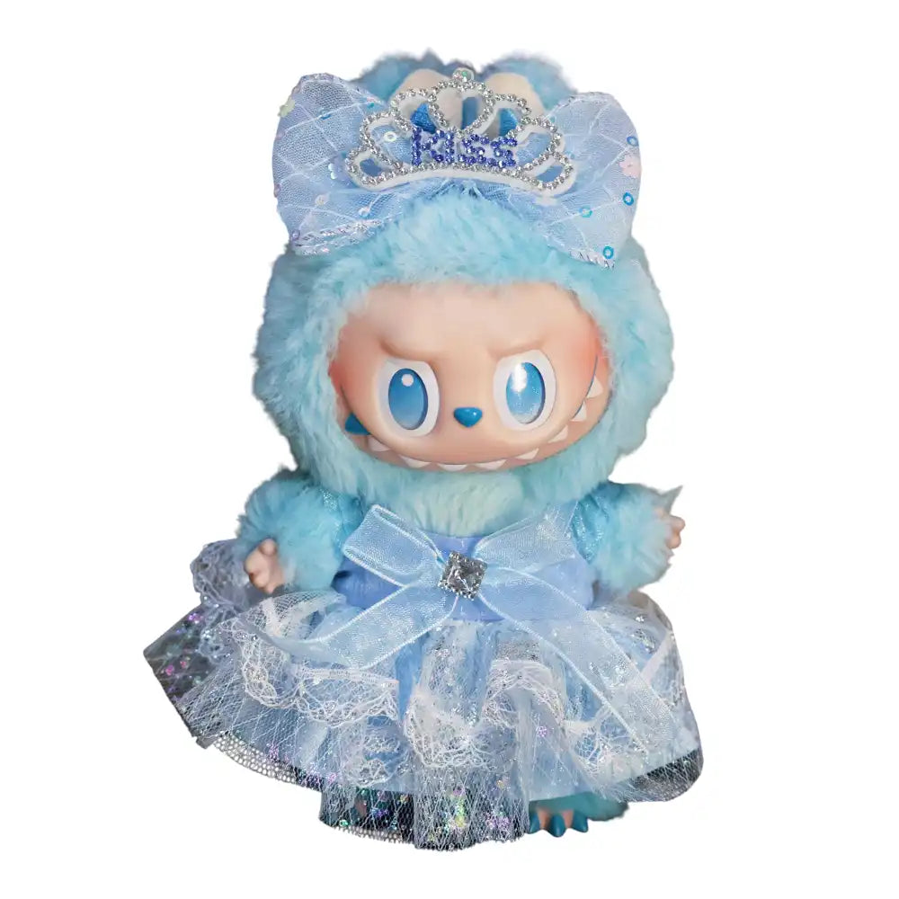Labubu plush toy wearing a blue tulle skirt outfit, available in Frozen Queen inspired set or Alice's Wonderland inspired set.