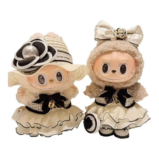 Labubu plush toy wearing a 3-layered princess dress outfit, including a dress, shoes, small bag, and a headdress (straw hat or bow style).
