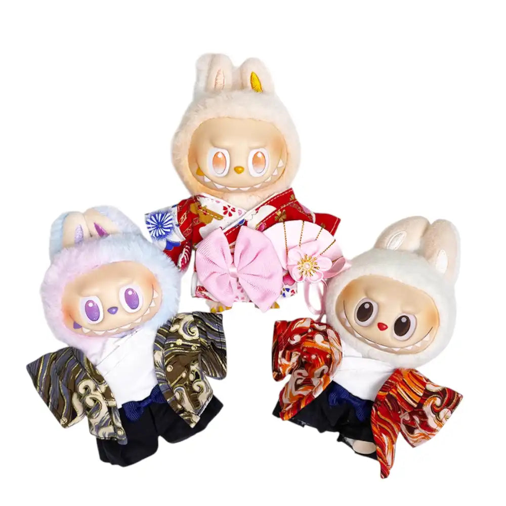 Labubu plush toy wearing a traditional Japanese Kimono outfit, including two tops and pants. The "Fireworks Pattern" option also includes a fan.
