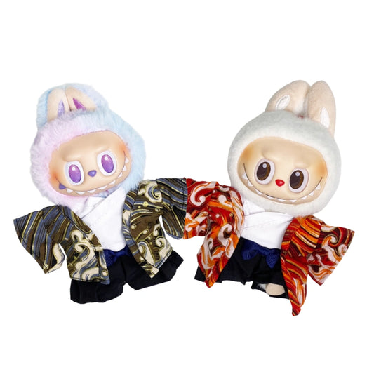 Labubu plush toy wearing a traditional Japanese Kimono outfit, including two tops and pants. The "Fireworks Pattern" option also includes a fan.