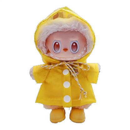 Labubu plush toy wearing a complete 2-piece raincoat outfit, including a raincoat and matching rain boots, available in rose red, blue, light blue, yellow, or white.