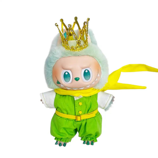Labubu plush toy wearing a complete 4-piece Little Prince outfit, including a bodysuit, scarf, belt, and crown.