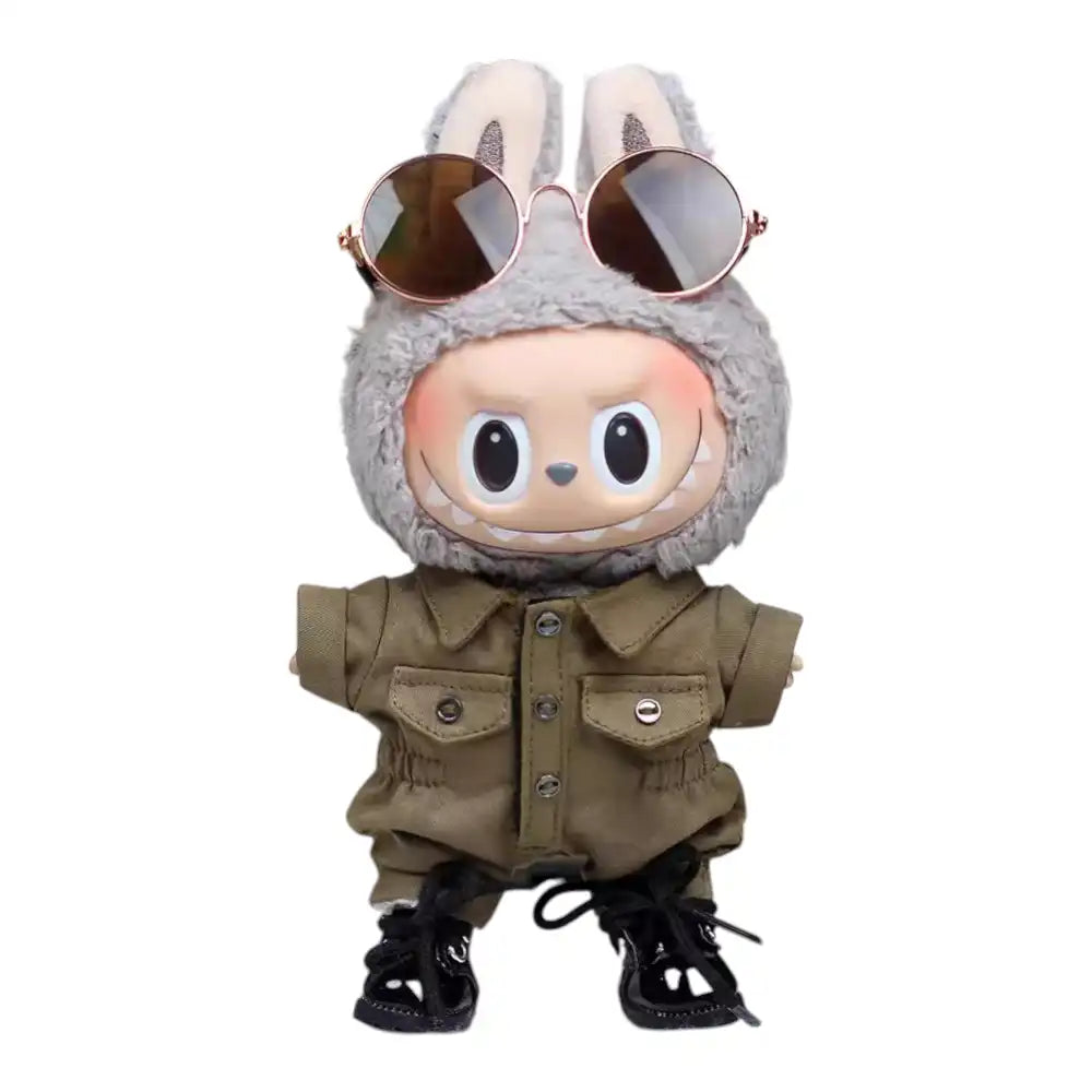 Labubu plush toy wearing a complete 4-piece military-inspired outfit, including bodysuit, a scarf, sunglasses, and shoes.